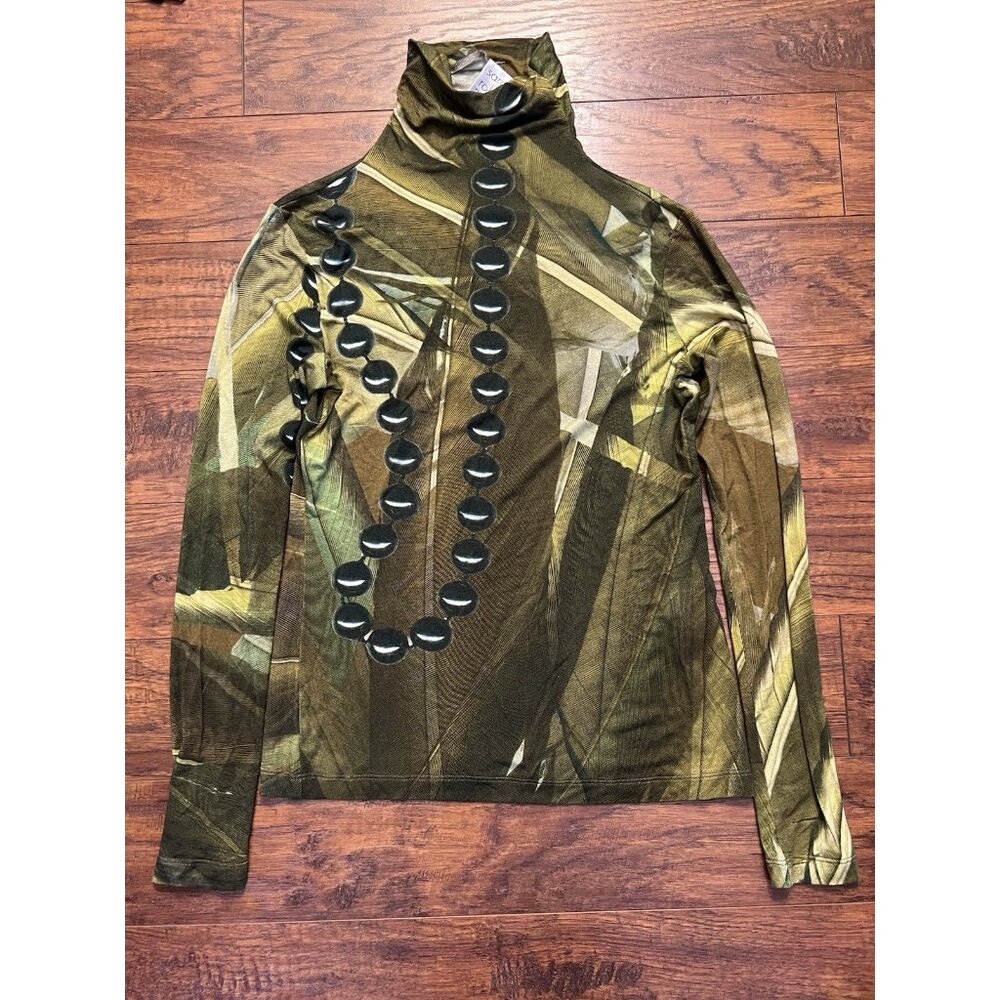 Sara Roka Abstract Green Bead Leaf 44 Turtleneck Top Italy